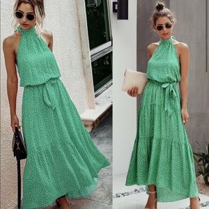 Green Dot Halter Maxi Dress